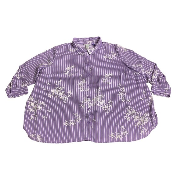 Catherines Top Womens Petite 2X Purple Floral Striped Semi Sheer Beach Button Up - Picture 1 of 15